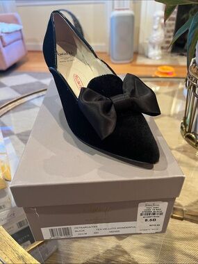 Amina Muaddi Black Velvet Pointed Flat with Satin Bow